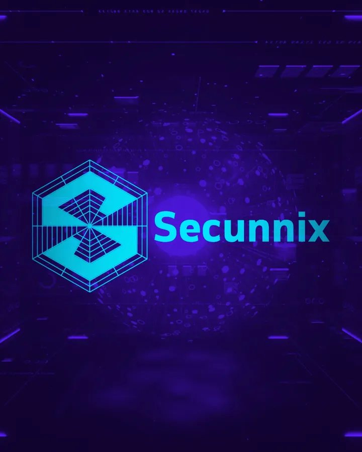 Secunnix logosu: mor zemin üstünde turkuaz altıgen içinde S işareti